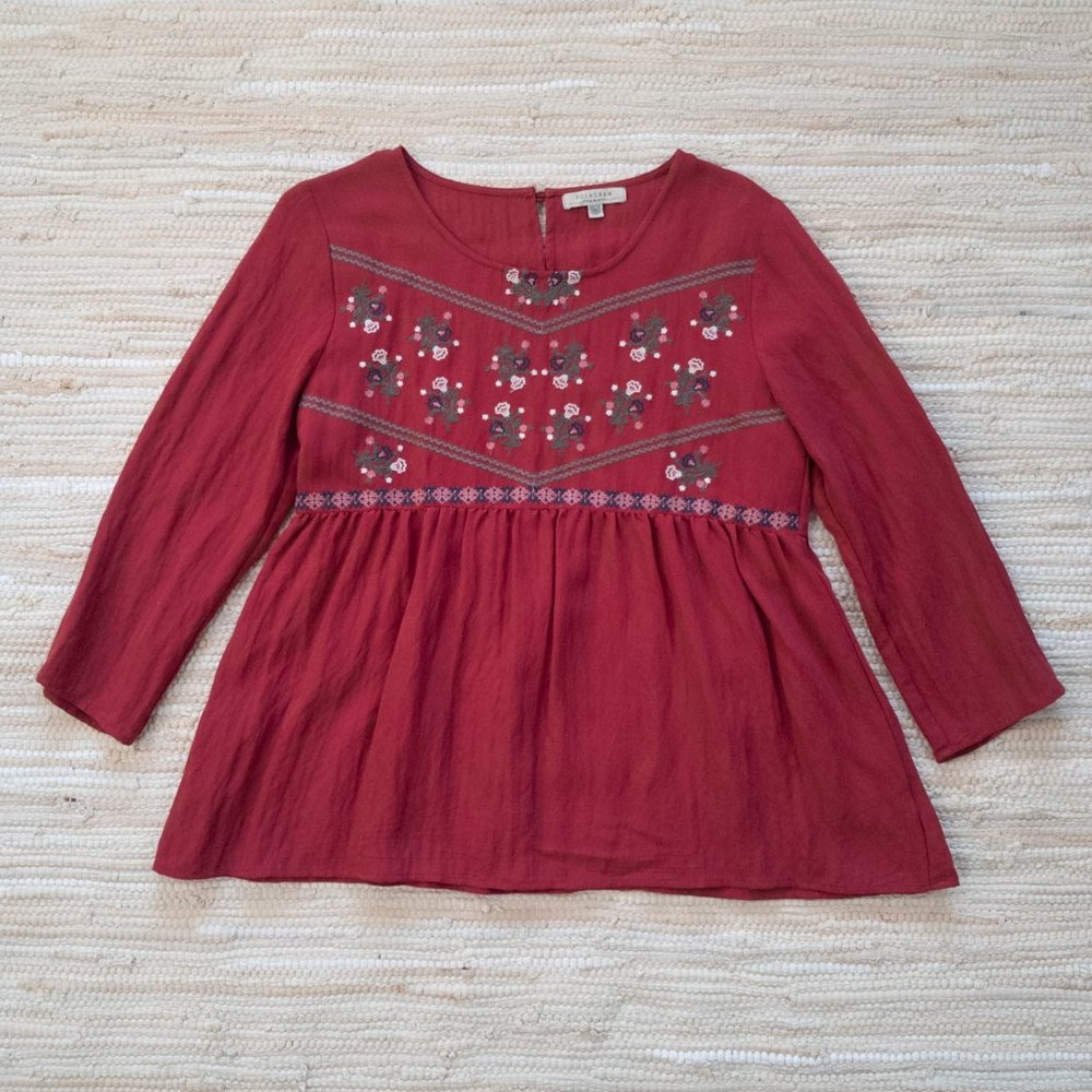 Polagram Red Long Sleeve Peplum Top with Folk Inspired Floral Embroidery Size M
